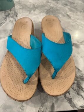 ocs A-Leigh 14933 Aqua Blue Cork Wedge Comfort Flip Flop Sandals Size 9